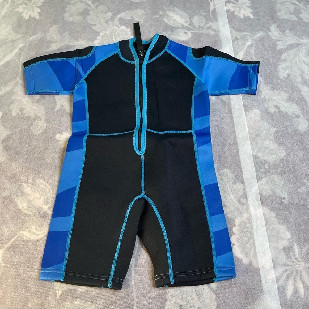 Chriffer Kids Wetsuit Front Zip 2mm Neoprene Thermal Short Sleeves Medium Blue - Picture 2 of 9